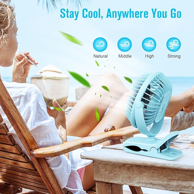 BESKAR Portable Clip on Fan Rechargeable, 4 Speeds Small Battery Operated Fans, USB Desk Fan with Strong Airflow, Sturdy Clamp Fans for Golf Cart Office Outdoor Travel Camping