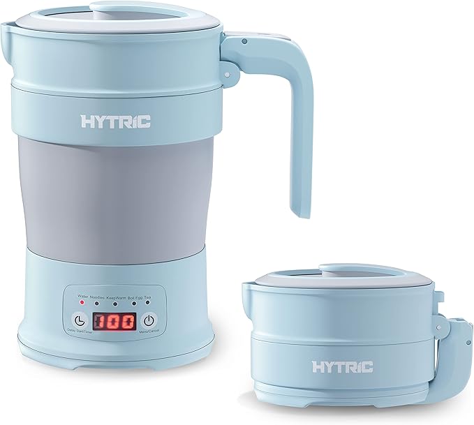 HYTRIC Travel Electric Kettle, 700ML Foldable Small Electric Kettle BPA-Free, Portable Kettle with Multifunctional Panel, Collapsible Hot Water Kettle with Keep Warm & Delay Start, 110V Blue