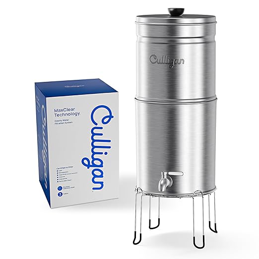 Culligan with MaxClear Technology 3 Gallon Gravity Water Filter System, Brushed Countertop Ceramic Water Filter NSF/ANSI Certified to Reduce Lead, Microplastics & Total PFAS, with 3 Filters