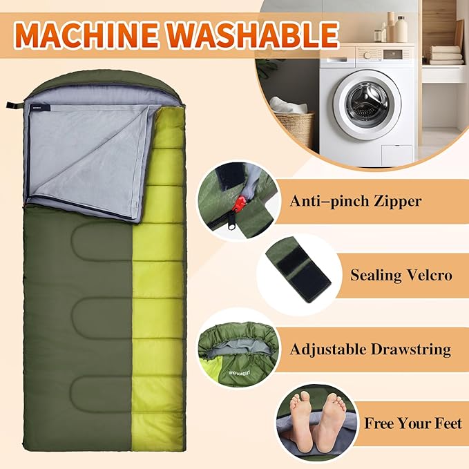 XL 10 Degree Sleeping Bags Waterproof for Adults 350GSM Machine Washable with Compression Sack for 3-4 Season Camping Outdoor