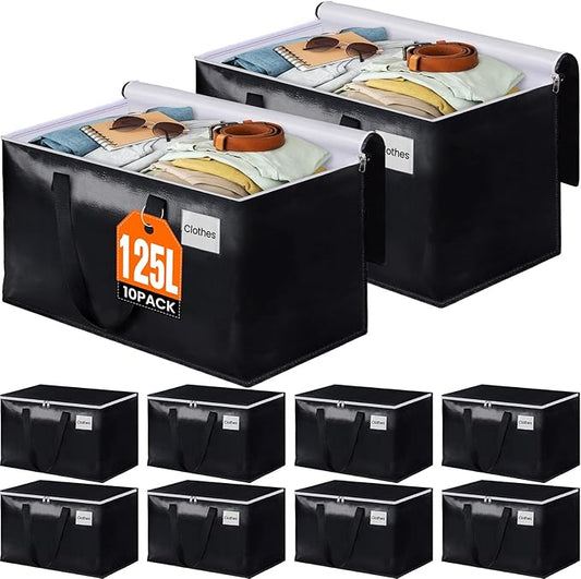 BlissTotes Moving Bags, Heavy Duty Moving Boxes with Zippers Top and Sturdy Handles, Storage Bags for Space Saving and Packing, Collapsible Moving Supplies, Storage Totes (125L, 10-Pack, Black)