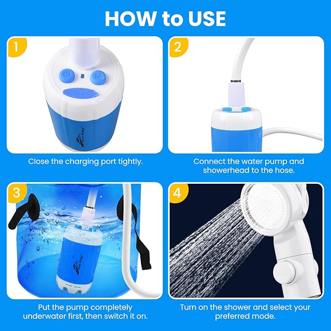 Portable Camping Shower Outdoor Camp Shower Pump,Upgrade Rechargeable Electric Shower Pump with Intelligent Digital Display Multiple Spray Modes for Camping, Hiking, Traveling,RV