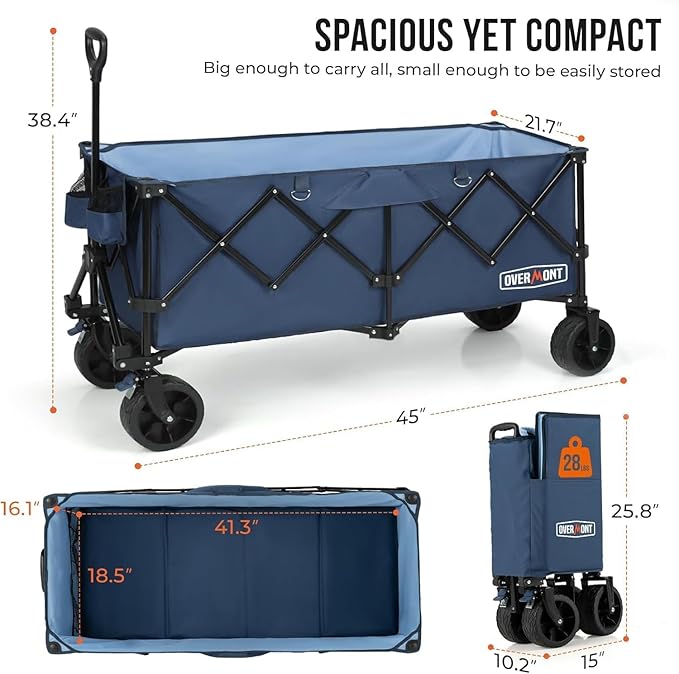 Overmont 45'' Collapsible Foldable Extended Wagon Cart - 300L Heavy Duty 440lbs Large Capacity Folding Utility Wagon with All-Terrain Wide Wheels for Camping Sports Grocery Picnic
