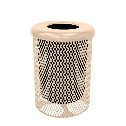 RFT-TAN Heavy Duty 32 Gallon Round Trash Receptacle, Liner Included, Tan with Flat Top Lid, Made in America
