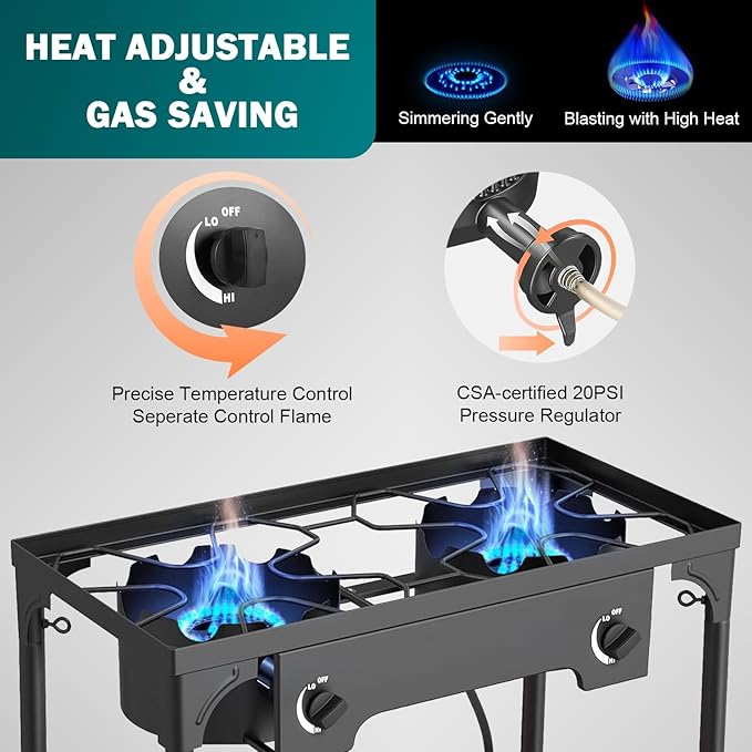 2 Burner Propane Gas Stove | 150,000 BTU High-Pressure Heavy-Duty Camping Stove with Regulator, Detachable Legs | Portable for Outdoor, Backyard, Patio BBQ, Baking, Frying, Brewing, Tailgating