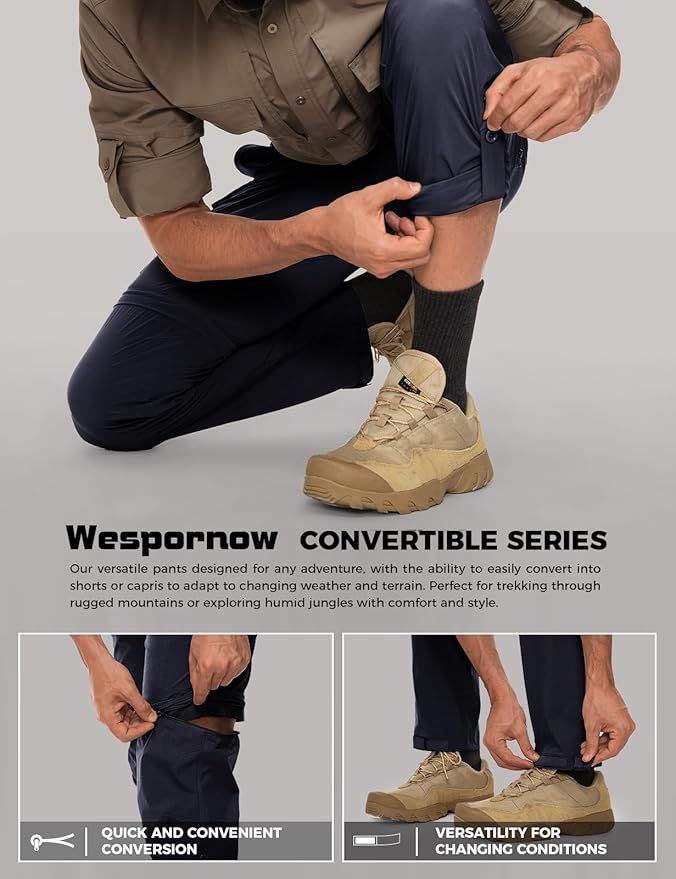 Wespornow Men's-Convertible-Hiking-Pants Quick Dry Lightweight Zip Off Breathable Cargo Pants for Outdoor, Fishing, Safari