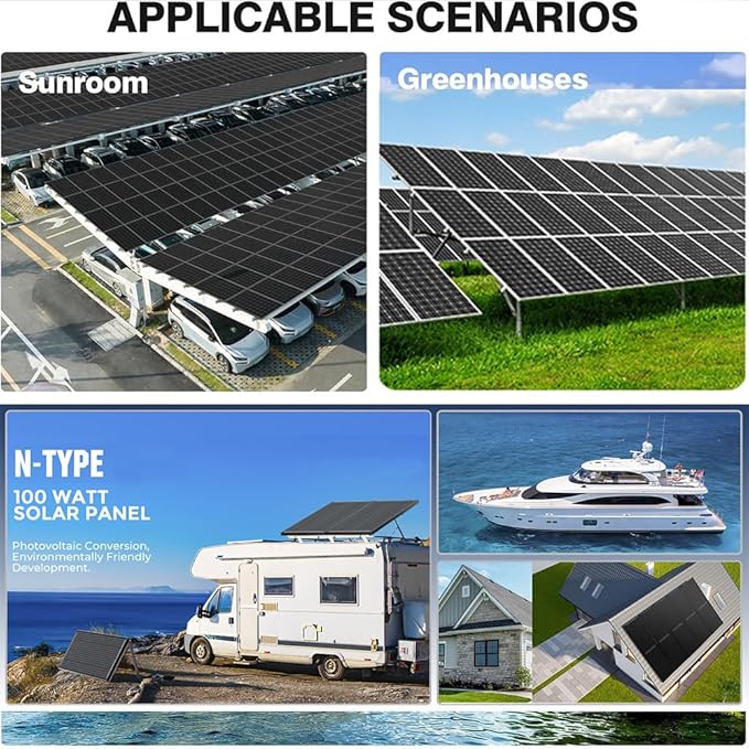 200 Watt Solar Panel, 12V Single Panel, N-Type Monocrystalline 25% High-Efficiency PV Module for RV, Boat, Marine, Trailer, Farm, Shed, Rooftop and Home Off-Grid System (1 Pack 200W, Black)