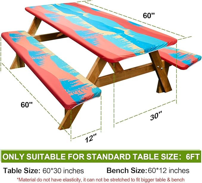 Picnic Table Cover with Bench Covers Camping Essentials Waterproof Windproof Camping Tablecloth with Drawstring Bag, Fitted Rectangle Tables and Seats, 60in, Red Blue