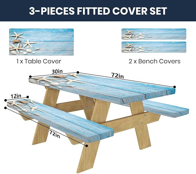 CAPSCEOLL Picnic Table Cover with Bench Covers Waterproof Camping Tablecloth Sea Shells Outdoor Table Protector with Drawstring Bag for Camping Essentials, 72X30in, Summer Blue Wood