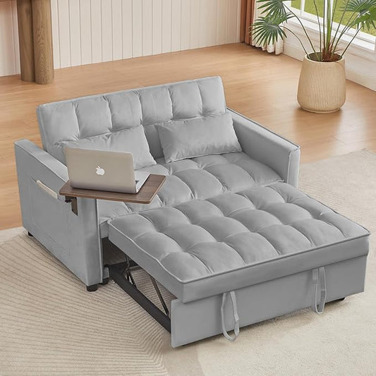 53.14" Convertible Sleeper Sofa Bed with Swivel Table, Adjustable Backrest & Side Pocket, Pull-Out Velvet Loveseat Futon for Small Spaces, Easy Assembly, 3-in-1 Couch Bed for Living Room
