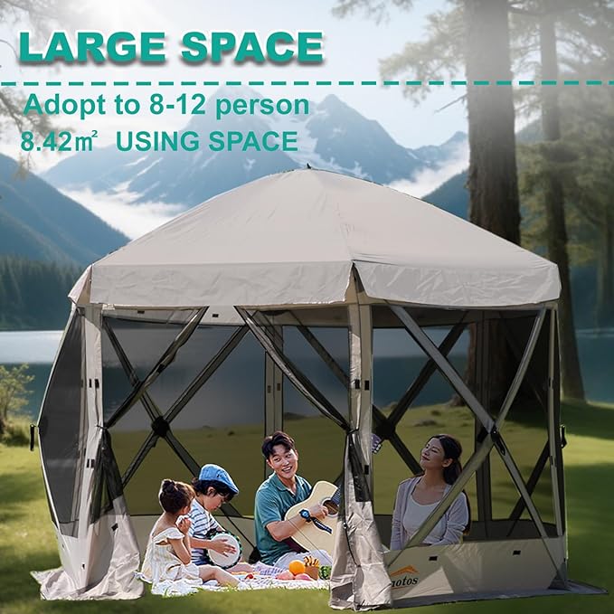 Pop Up Screen Tent, 10'x10' Windproof & UV Protection Sun Shelter, Portable Instant Setup, 6-Sided Screen Tent for Picnic, Camping, Backyard, Outdoor (Grey)