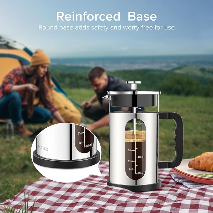 French Press Coffee Maker, 304 Stainless Steel Cold Brew Coffee Maker with 4 Filter, Heat Resistant Borosilicate Glass, Easy to Clean, BPA Free Iced Coffee Maker Rust-Free Coffee Press, 34ounce,Silver