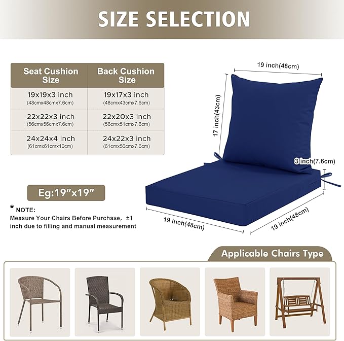 Outdoor Cushions for Patio Furniture, Waterproof Outdoor Chair Cushion w/Fade-Resistant, Removable & Machine-Washable Cover, 22x22 Inch, Deep Seat Sofa/Couch Pad Replacement – Set of 1/2/4, Navy Blue