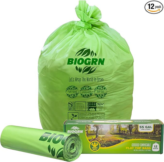 50-55 Gallon Compostable Trash Bags Flat-Top 12 Bags Heavy Duty 1.57 Mil 208.2 Liter Large Lawn and Yard Waste Bag Compost for Outdoor Garden ASTM D6400, US BPI and OK Compost Home Certified