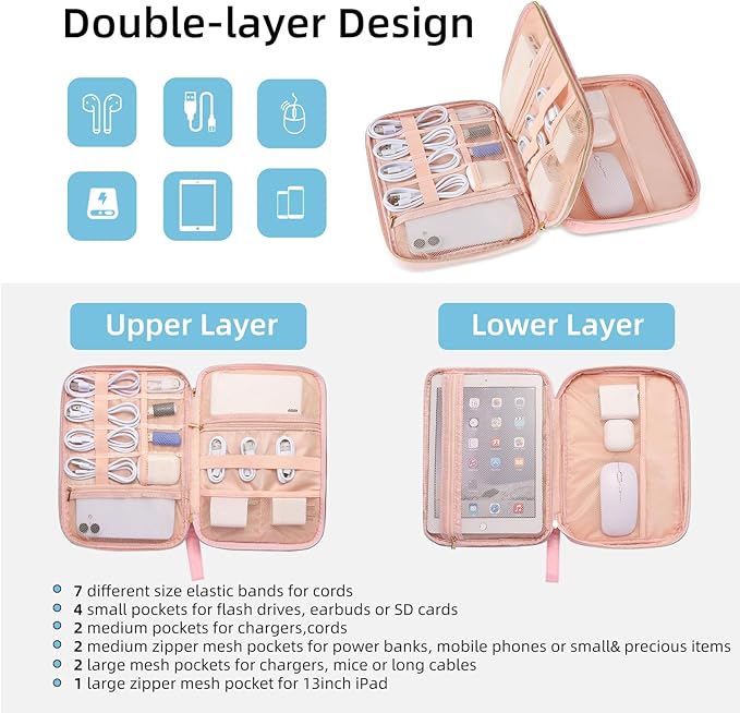 Electronics Organizer Travel Case, Charger Bag Cord Organizer Travel, All-in-One Cable Organizer Bag for Charger, Cords, Phone, Headphones, Flash Drive, SD Card (Pink, Large-Double Layer)