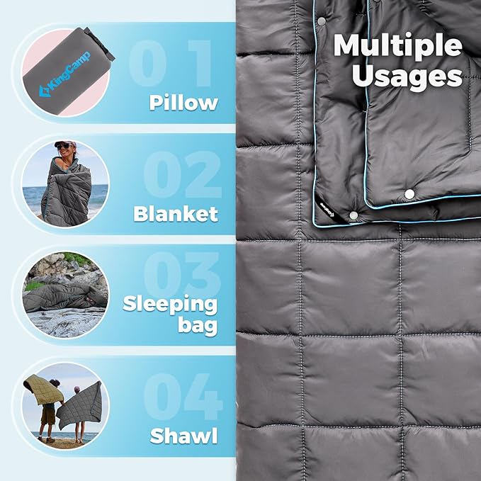 KingCamp Ultralight Camping Blanket, Packable Down Alternative Puffy Wearable Blankets Weatherproof Warm Package Quilt with Snap Buttons for Outdoor Hiking Travel Picnic Stadium (69" x 53", CHARCOAL)