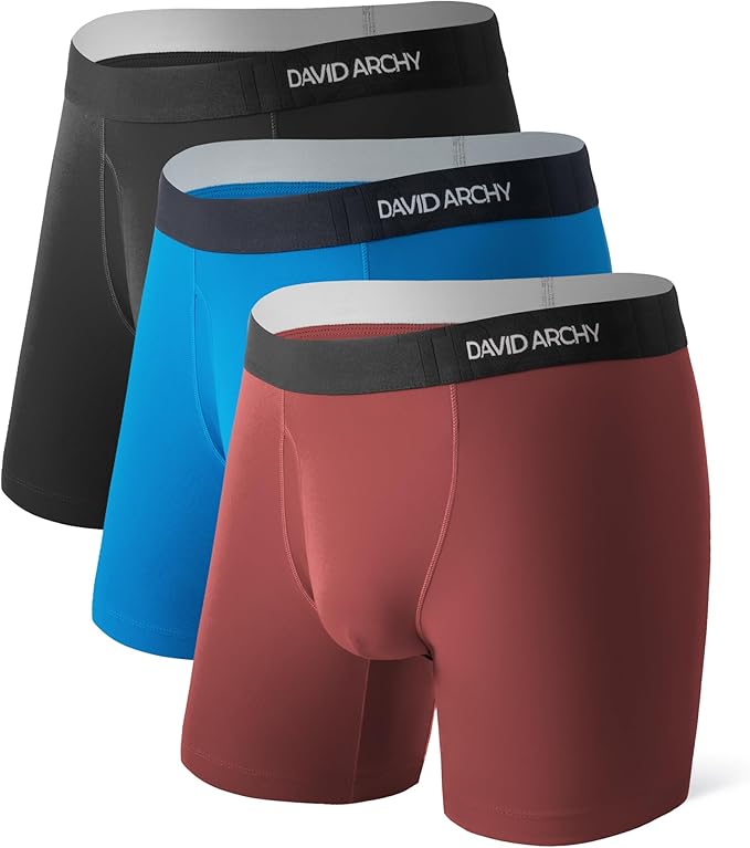 DAVID ARCHY Mens Performance Boxer Briefs 3 Pack, 3D Support Pouch & No Ride-Up Design Moisture-Wicking Sport Underwear