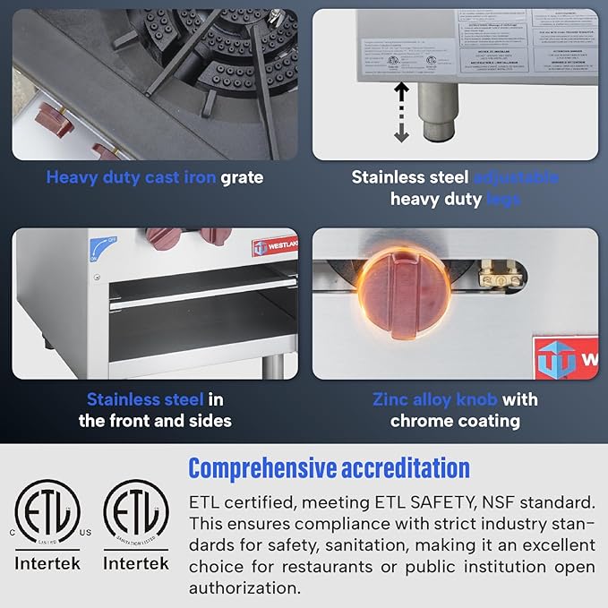 WESTLAKE Commercial Gas Stock Pot Range, 2 Burners Natural Gas and Propane Stove with 80000 X 2 BTU, 18" W Countertop Cooking Stove Range Commercial Stainless Steel Gas Stock Pot for Restaurant