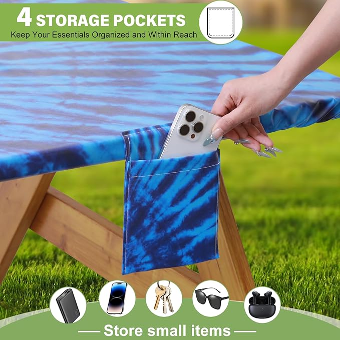 Fitted Picnic Table Cover with Bench Covers Waterproof Elastic Edges Rectangle Patio Tablecloth Outdoor Camping Essentials Stuff Rv Accessories Summer Trip Travel Supplies Party Camper Gifts, 8 ft