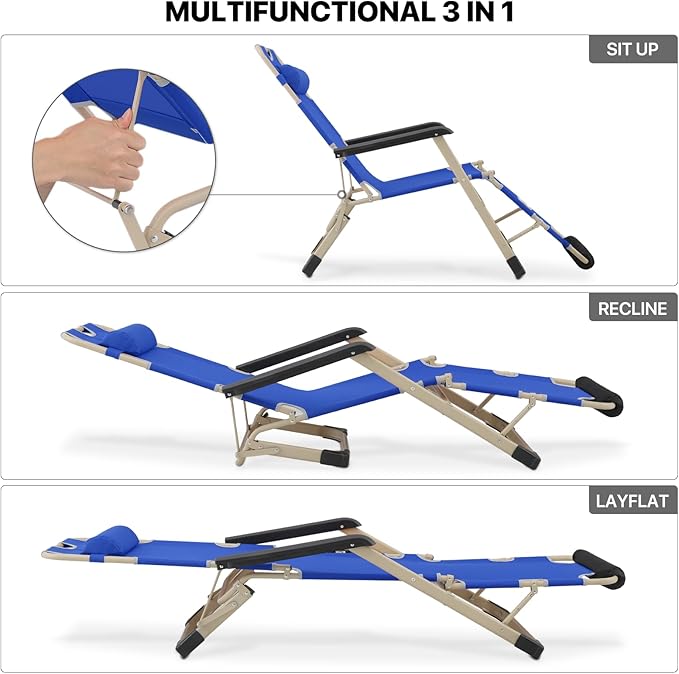 MoNiBloom Set of 2 Folding Reclining Patio Chairs, 3-Position Patio Lounger Folding Chairs with Footrest for Backyard Poolside Lawn, Blue, 330lbs Capacity