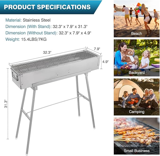 IRONWALLS Portable Charcoal Grills, 32" x 8" Stainless Steel Folded Camping Grill Kebab Skewer BBQ Barbecue Grill Kit for Garden Backyard Party Picnic Travel Home Outdoor Cooking Use