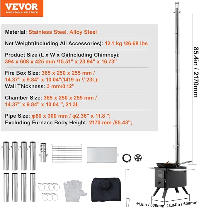 VEVOR Camping Wood Stove Alloy Steel Camping Tent Stove, Portable Wood Burning Stove with Chimney Pipes & Gloves, 1400in³Firebox Hot Tent Stove for Outdoor Cooking and Heating with 8 Pipes