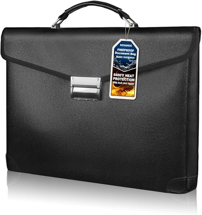 Fireproof Document Bag 14.5"X11"X2.5" Fireproof Money Bag for Cash With Lock and Zipper,Fire&Waterproof Storage Organizer Pouch for Valuables,Legal Document,Laptop,Passport,(Black)