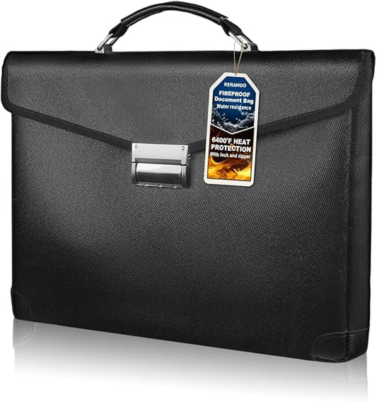 Fireproof Document Bag 14.5"X11"X2.5" Fireproof Money Bag for Cash With Lock and Zipper,Fire&Waterproof Storage Organizer Pouch for Valuables,Legal Document,Laptop,Passport,(Black)