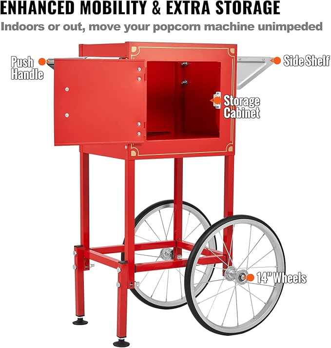 VEVOR Commercial Popcorn Machine, 8 Oz Kettle, 850 W Popcorn Maker on Wheels for 48 Cups per Batch, Theater Style Popper with 3-Switch Control Steel Frame Tempered Glass Doors Cart 1 Scoop 2 Spoons