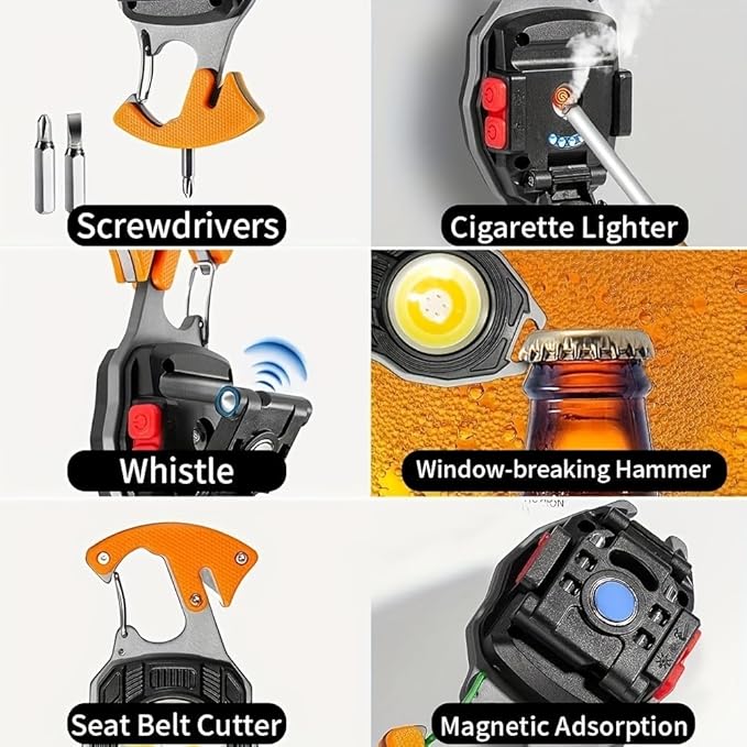 Portable Outdoor Strong Mini Lighter Multifunctional Floodlight with Rechargeable USB Charging,Emergency Tool Magnetic Base, Whistle, Screwdriver, Seat Belt Cutter for Camping Fishing Hiking (4)