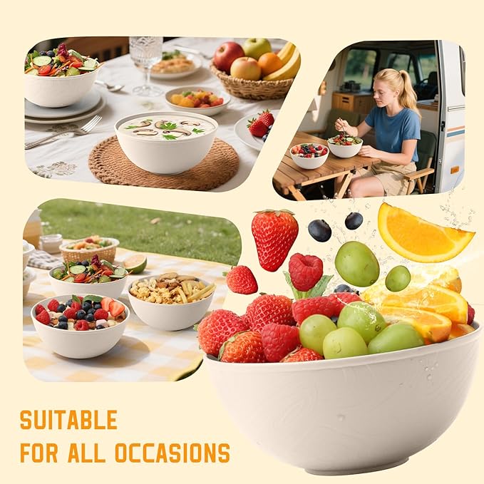 Homienly Wheat Straw Bowls for Kitchen, Bowl Set with Unique Texture 6 PCS, 40 OZ Large Capacity Bowls for Salad, Cereal, Soup, Popcorn, Ramen, Microwave and Dishwaher Safe, Outdoor Safe - Beige