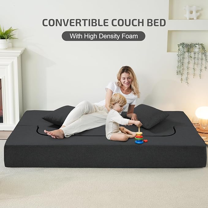 2-in-1 Folding Sofa Bed with Pillows - Folding Chair Floor Couch & Sleeping Mattress - Washable Cover & Memory Foam Sleeper Chair for Living Room/Guest Room/Apartment/Loft, Dark Gray, Twin XL