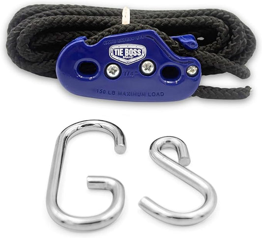 Tie Boss - 1/4 Inch, Medium Duty, (150 lbs Working Load Limit), Weather Resistant, Tie Down, Rope Tightening System, (w/15 ft Rope) (Pack of 1) (Blue)