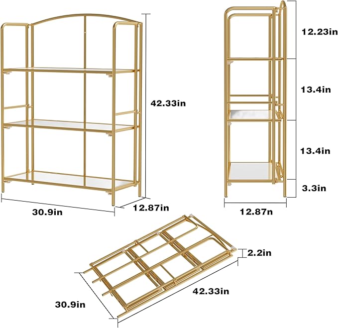 Crofy No Assembly Folding Bookshelf for Living Room, 3 Tier Gold Collapsible Book Shelf for Home Office, Portable Bookcase Storage Organizer