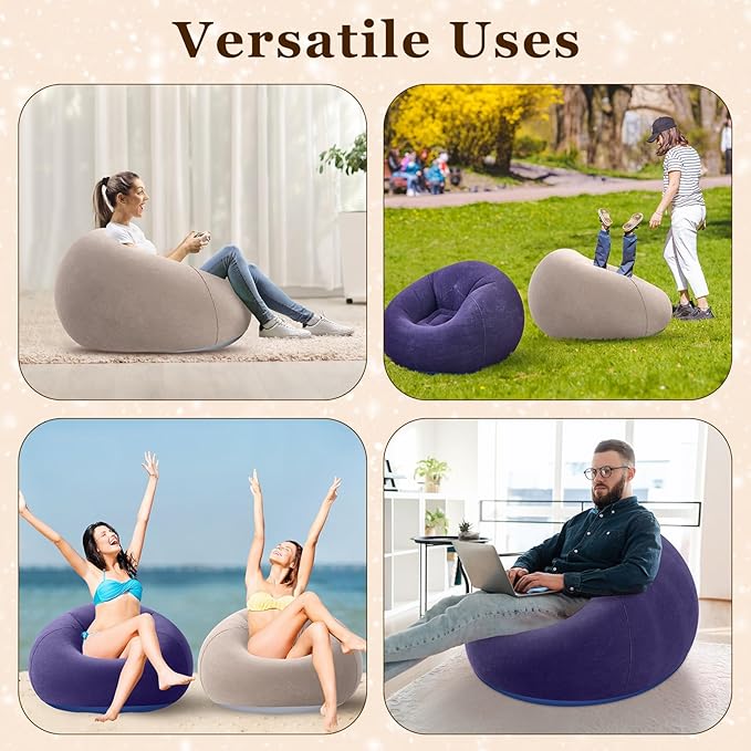 Realspring Inflatable Bean Bag Chairs Outdoor Blow up Camping Chairs Inflatable Lazy Sofa Folding Portable Bean Bag Loungers Couch for Movie Night(Brown, Blue,2 Pcs)