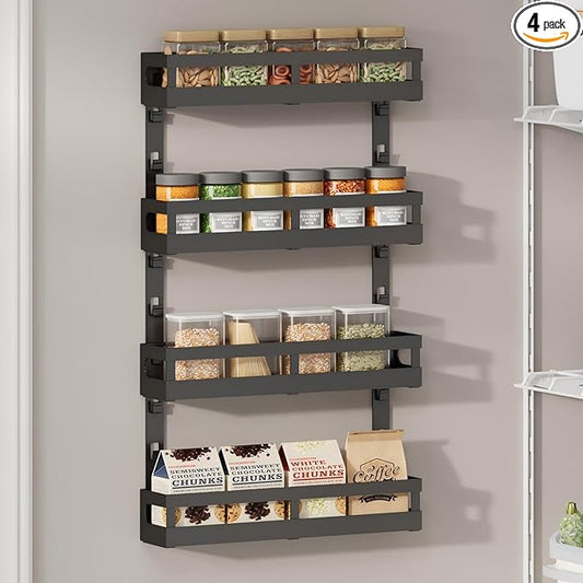 4-Tier Small Wall Mounted Spice Rack Organizer, Hanging Spice Shelf for Cabinet or Pantry, Height-Adjustable Seasoning Holder for Kitchen Storage, Black