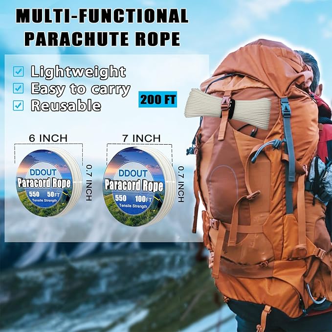 Paracord Nylon Rope White 50FT with 7-Strand Core, 10 Colors and 50/100/200 ft, Type III Parachute Cord 4mm for Camping, Survival, Hiking, DIY, Crafting, Outdoor Utility Rope