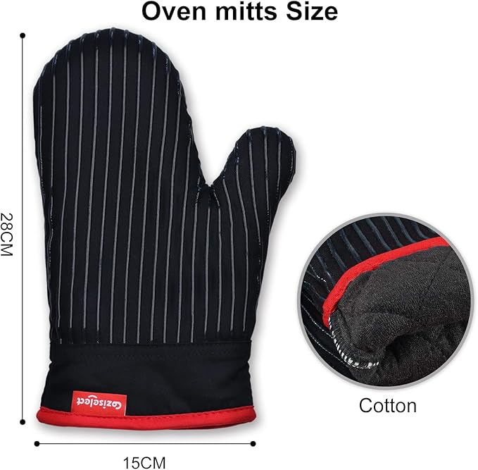 Oven Mitts Set, Oven Mitt Heat Resistant, Cotton Oven Mitts 500 Degrees, Oven Gloves for Kitchen Cooking Grill, Kitchen Mitts for Oven, Black Oven Mits Heavy Duty Thick