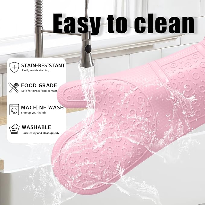 Oven Mitts with Heat-Resistant Hot Pads and Five Silicone Spatulas Designed for Kitchen Baking Cooking, Oven Glove Soft Cotton Lining, Waterproof, BPA-Free (Pink, 12.6)