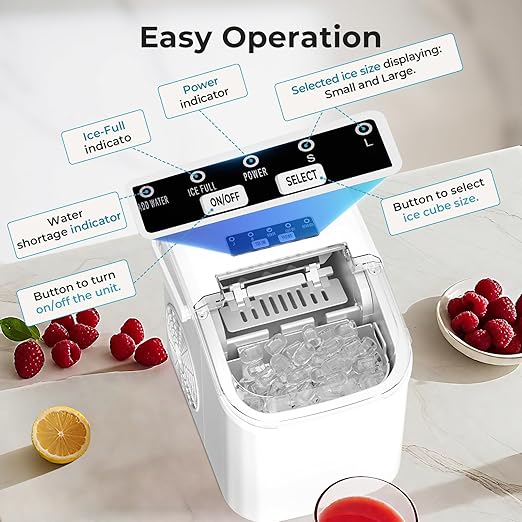 Portable Countertop Ice Maker – 26.5lbs Daily Ice Production, 8 Bullet Cubes in 6 Mins – Self-Cleaning, Selectable Ice Sizes & Touchscreen Display for Home/Office/Bar