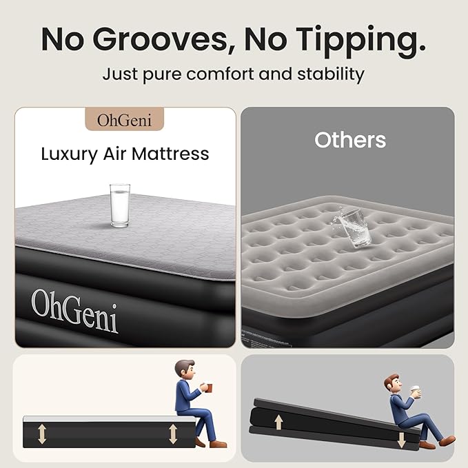 OhGeni 18" Luxury Twin Air Mattress with Built-in Pump, Inflatable Bed with Silk Foam Topper for Superior Comfort, Premium Blow-Up Mattress for Home, Camping & Guests, Easy Setup, Extra Support, Black
