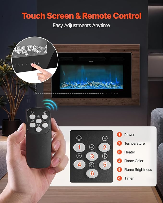 VEVOR 36 inch Electric Fireplace, Wall Mounted Recessed Fire Place with Remote Control, Timer, 1500W, Adjustable Flame Color Brightness, Touch Screen, Overheat Protection, for Living Room,Bedroom