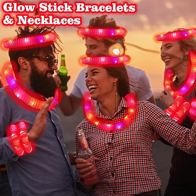 Red Glow Sticks Party Favors for Kids 24 PCS,LED Light up Pop Tubes for Toddlers, Neon Necklaces Bracelets Accessories,Glow Birthday Wedding Dance Party Supplies Camping Toys Gifts Decorations