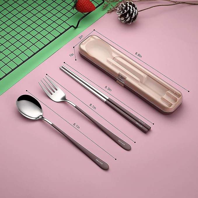 DEVICO Portable Utensils, Travel Reusable Silverware Flatware Set for Lunch, 18/8 Stainless Steel 4-Piece Camping Cutlery Include Fork Spoon Chopsticks with Case (Brown)