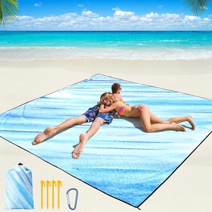 Beach Blanket Waterproof Sandproof Beach Mat 79" X 83"/10'x9'for 2-8 Adults Quick Drying Outdoor Picnic Mat Beach Accessories for Travel, Camping, Hiking