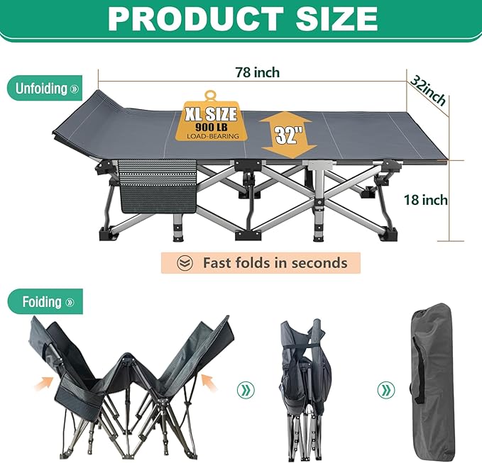 LILYPELLE Folding Camping Cot, Extra Wide Heavy Duty Sleeping Cots with Carry Bag, Double Layer Oxford Portable Travel Camp Cots for Home, Office Nap and Outdoor Beach