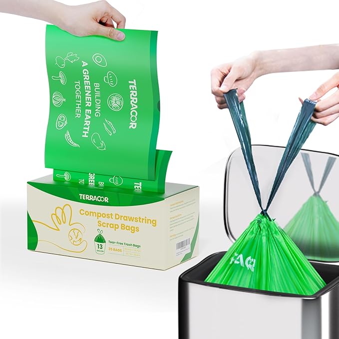13 Gallon Compost Drawstring Kitchen Waste Bag, 49.2 Liter, 35 Count,1 Mil, Heavy Duty Food Scrap Bags
