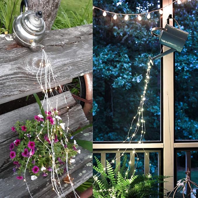 Solar Fairy Lights Outdoor White, Multi Strand 180 LEDs Watering Can String Light, Waterproof Solar Powered Waterfall Lights, Cool White Firefly Bunch Lights