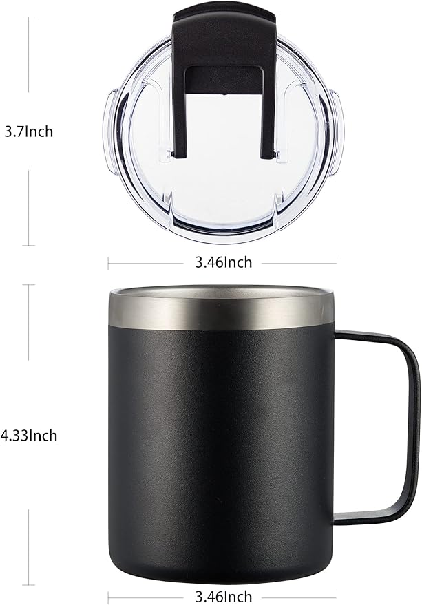 ALOUFEA 12oz Stainless Steel Insulated Coffee Mug with Handle, Double Wall Vacuum Tumbler Cup with Fliping Lid, Black, 4 Pack