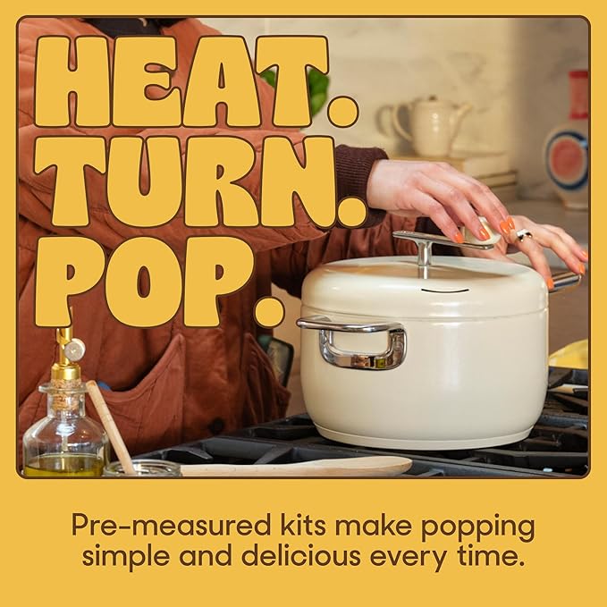 Popsmith Starter Bundle in Butter - 6 Quart Stovetop Popcorn Machine with 5 Movie Theater Popcorn & 5 Kettle Corn Popcorn Kits - Stainless Steel Popcorn Maker Compatible with All Stovetops